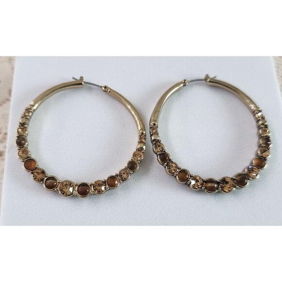 EUC Liz Claiborne Earthtone Gold-Tone Rhinestone Hoop Earrings - Picture 2 of 5